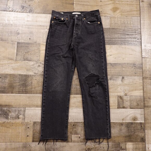 Levi’s Premium Wedgie Straight Jeans Women’s 28 Black Distressed Denim - Picture 1 of 16